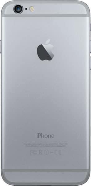 Apple iPhone 6 rear view, silver finish, showing camera lens and Apple logo on back