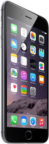 Front view of a black iPhone 6 Plus showing home screen with app icons and mountain landscape wallpaper.