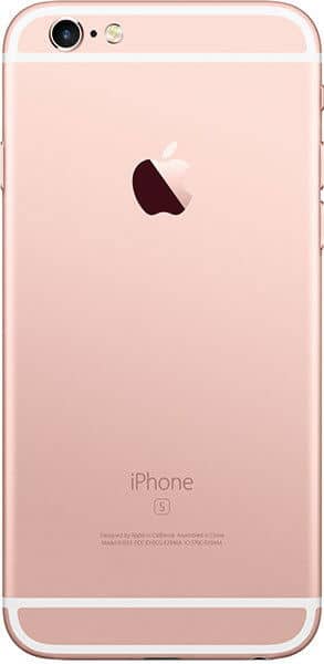 Rear view of rose gold iPhone 6s Plus showing Apple logo, camera, flash, antenna lines, and "iPhone S" branding at bottom.