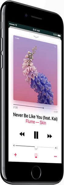 Apple iPhone 7 Plus showing music player screen with purple gradient album artwork and "Never Be Like You" song controls