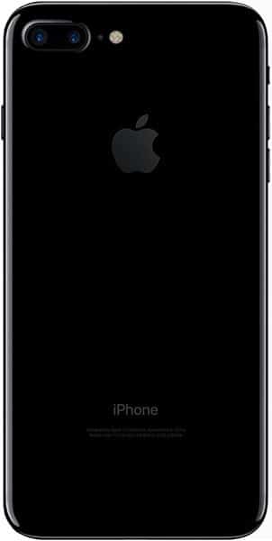 Apple iPhone 7 Plus rear view, jet black finish with dual camera and Apple logo