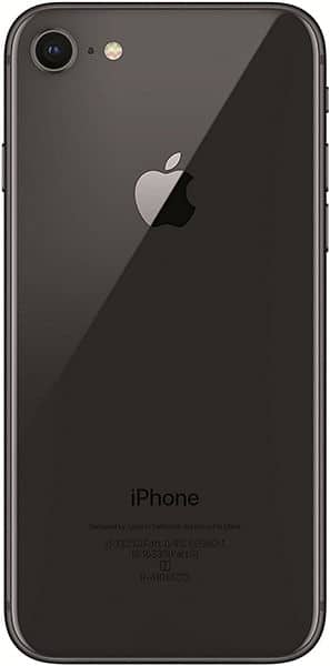 Rear view of black iPhone 8 showing single camera, flash, centered Apple logo, and bottom regulatory markings.