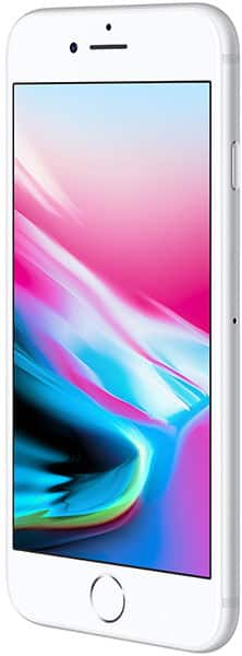 White iPhone 8 angled left, front view, shows home button and screen with pink, blue, and black abstract wallpaper.