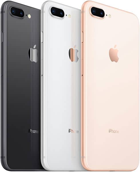 Apple iPhone 8 Plus rear view in three colors: space gray, silver, and gold