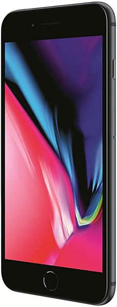 Apple iPhone 8 Plus, front view, displaying colorful abstract wallpaper with pink, blue, and purple gradient on black screen