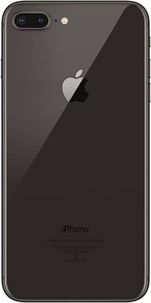 Apple iPhone 8 Plus, rear view, space gray finish with dual-lens camera and Apple logo visible