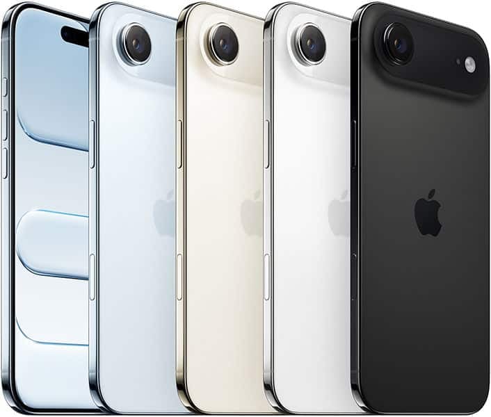 Apple iPhone Air in five color options: light blue, white, cream, silver, and black, shown front and rear views