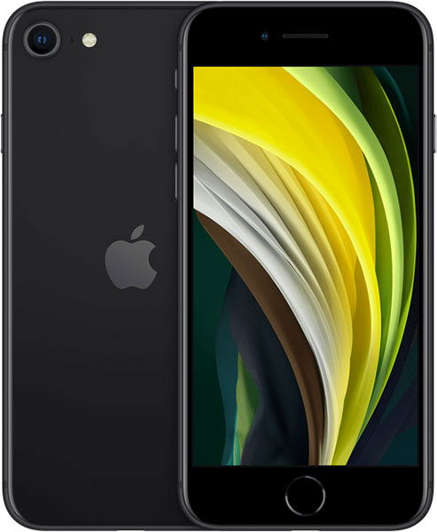 Black iPhone SE (2020) shown front and back; features home button, single rear camera, and abstract wallpaper on display.
