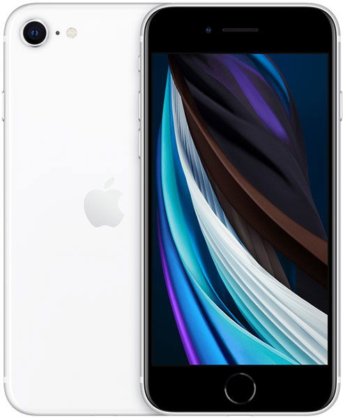 White iPhone SE (2020) front view with abstract display and home button; rear view shows Apple logo and single camera.