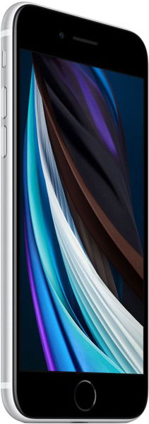 Angled front view of a black iPhone SE (2020) with silver edge, showing screen pattern and circular home button.