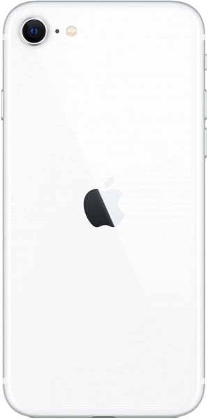 Apple iPhone SE (2020) rear view: single camera with flash, centered Apple logo, smooth glossy finish.