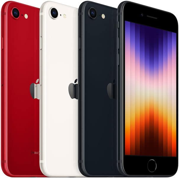 Front and rear views of three iPhone SE (2022) models in red, white, and black; gradient screens, Apple logo on back.
