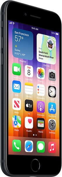 Front view of black iPhone SE (2022) with screen on, home page and San Francisco weather widget at 57°F and sunny visible.