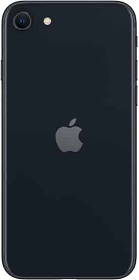Rear view of black iPhone SE (2022) showing single rear camera, flash, and centered Apple logo below the lens.