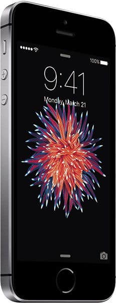 Apple iPhone SE, front view, displaying lock screen with time 9:41 and colorful burst wallpaper