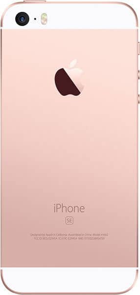 Apple iPhone SE rear view in rose gold with camera and Apple logo visible