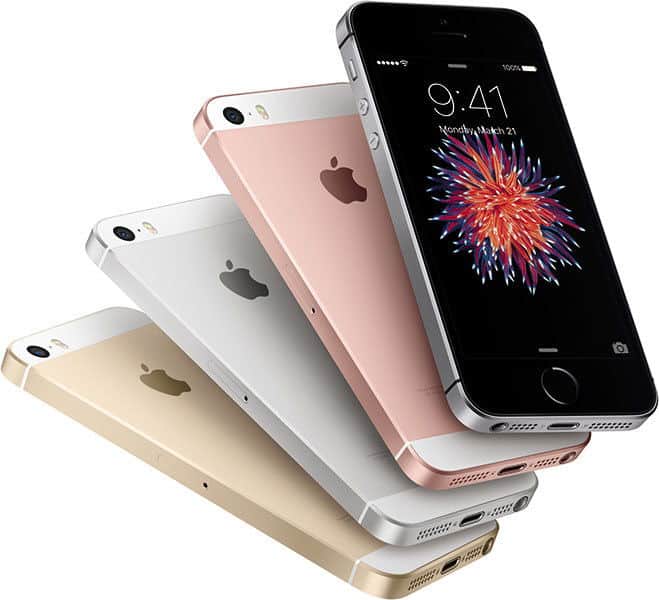 Apple iPhone SE in multiple colors (rose gold, silver, gold) displayed from rear and side angles, with one showing home screen at 9:41
