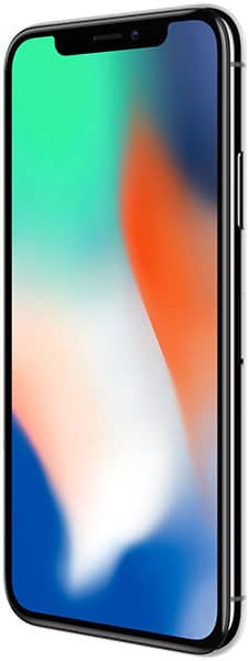 Apple iPhone X, front view, displaying colorful gradient wallpaper on screen with notch at top
