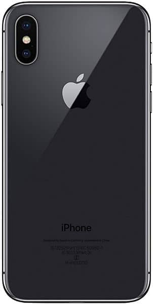 Apple iPhone X rear view, showing black glass back with dual camera lens and Apple logo