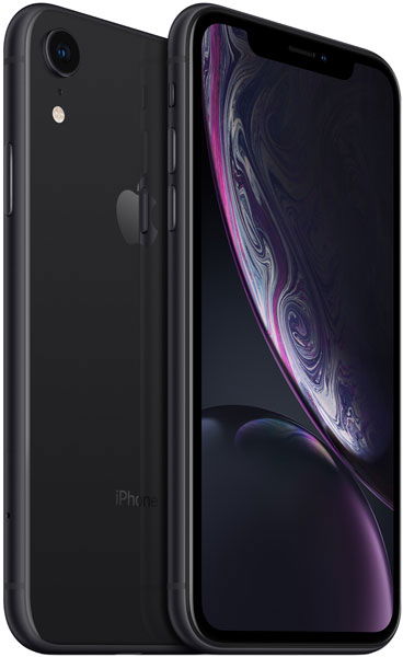 Black iPhone XR, front view with screen on next to rear view showing single camera and Apple logo.
