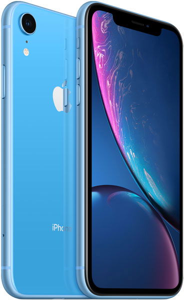 Blue iPhone XR shown front and back; single rear camera, Apple logo, and colorful abstract wallpaper visible on the display.