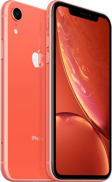 Apple iPhone XR in coral shown front and rear; rear shows logo and camera, front displays orange-pink abstract wallpaper.
