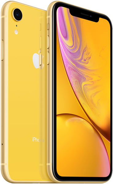 Yellow iPhone XR shown front and rear; features rear camera, side buttons, Apple logo, and vibrant yellow-pink display.