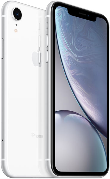 White iPhone XR shown front view with large screen and thin bezels, and rear view with single camera and Apple logo.