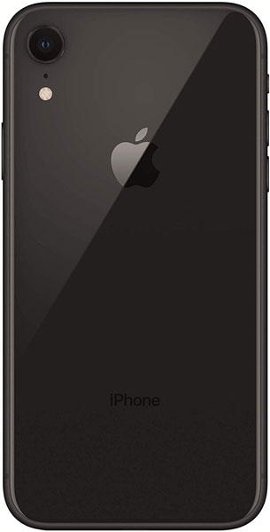 Rear view of black iPhone XR with centered Apple logo, single top-left camera, and flash below the lens.