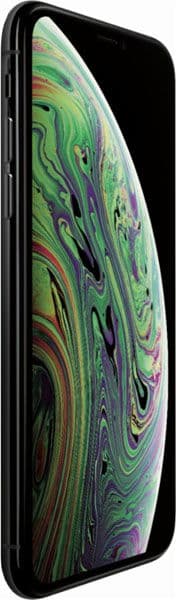 Apple iPhone Xs, side view, displaying green and purple swirled wallpaper on screen
