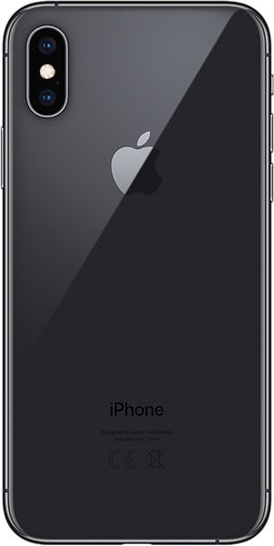 Apple iPhone Xs, rear view, showing black glass back with Apple logo and dual camera lens in upper left corner