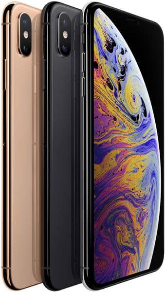 Three smartphones upright: rear views in gold and black, plus front view of iPhone Xs Max with colorful abstract display.