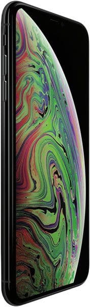 Black iPhone Xs Max at an angled side view, screen on, showing a vibrant abstract swirl in green, purple, pink, and black.