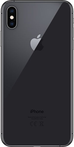 Rear view of black iPhone Xs Max showing vertical dual camera, centered Apple logo, and product info at the bottom.
