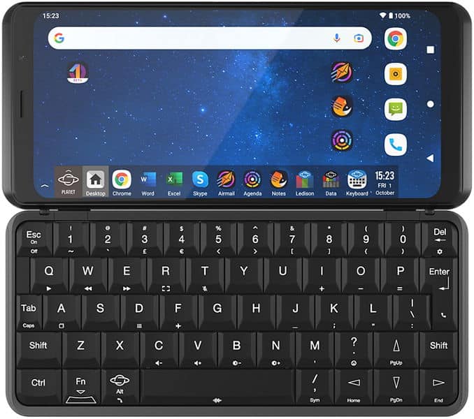 Astro Slide 5G phone open, showing home screen with Google search bar and app icons above a physical QWERTY keyboard