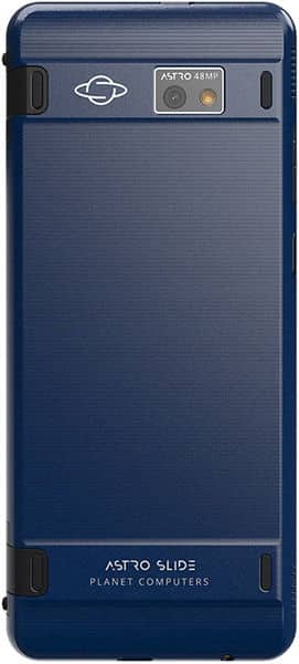 Astro Slide 5G rear view showing dual camera and flash on dark blue textured back panel with Planet Computers branding