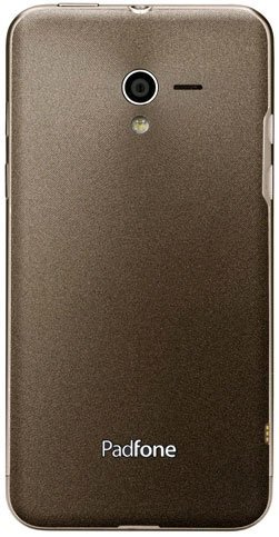 Asus PadFone rear view, showing brown textured back with camera lens and Padfone branding