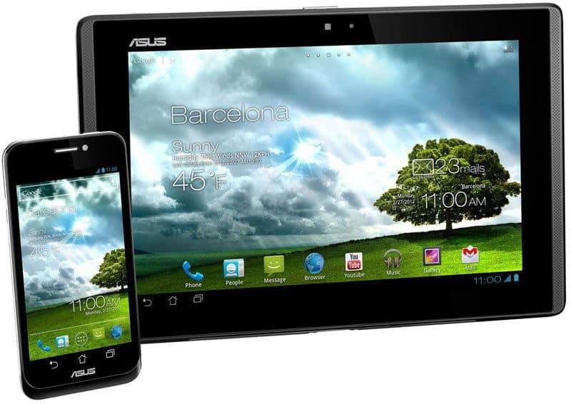 Asus PadFone smartphone and tablet displaying matching weather interface with Barcelona location, sunny conditions, and 45°F temperature