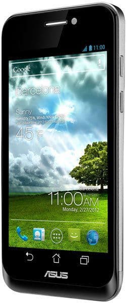 Asus PadFone smartphone front view with homescreen displaying weather, time, and app icons
