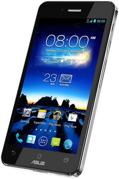 Asus Padfone Infinity front view with blue lock screen displaying time, date, weather, and app icons