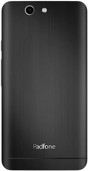 Asus Padfone Infinity rear view, showing black brushed metal back with camera lens and "Padfone" branding