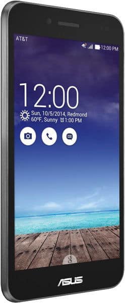 Front view of black Asus PadFone X showing 12:00, 10/5/2014, Redmond, sunny 60°F; dock and ocean scene on display.