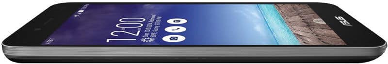 Side view of black Asus PadFone X lying flat, beach wallpaper on screen, time 12:00, and multiple app icons visible.