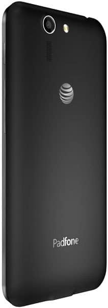 Asus PadFone X in black, rear diagonal view showing AT&T logo, Padfone branding, camera, flash, and speaker on back.