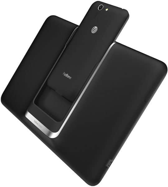 Rear view of black Asus PadFone X smartphone docked into matching tablet, both labeled "PadFone" with visible AT&T logo.