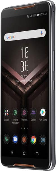 Asus ROG Phone front view showing home screen with Google search bar, time 10:35, and app icons including Google, Mobile Studio, Themes, Gallery, and Play Store