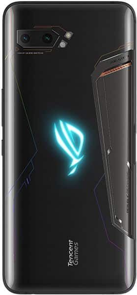 Asus ROG Phone II rear view, black with glowing cyan ROG logo and gaming design accents, dual camera setup visible at top