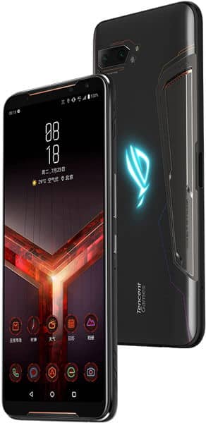 Asus ROG Phone II shown front and rear views with red geometric design on display and glowing logo on black back panel