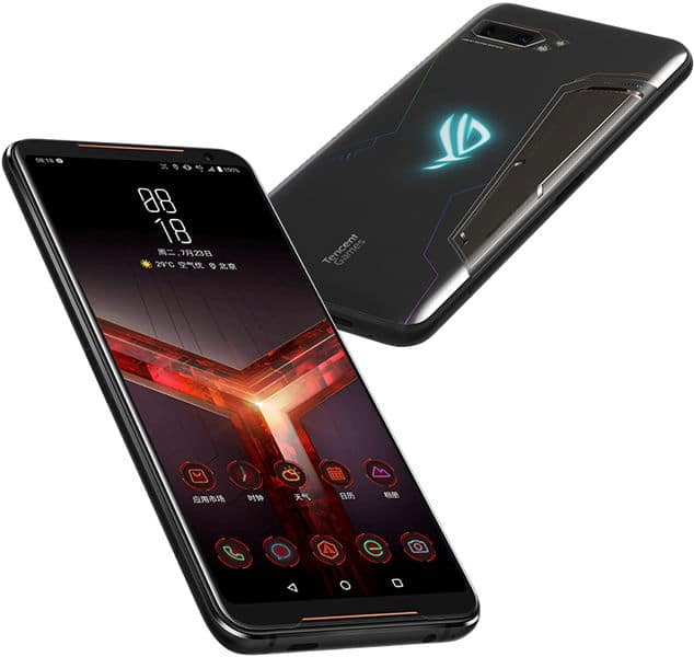 Asus ROG Phone II front and rear views showing glowing ROG logo on black back and gaming-themed interface on screen