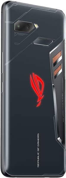 Asus ROG Phone rear view showing black back panel with red logo, dual cameras, and orange accent strips on the side